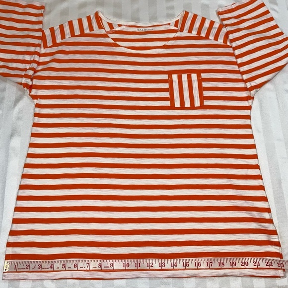 Talbots Orange & White Sz L Striped Cotton Top with pocket 3/4 Sleeves - Picture 8 of 12